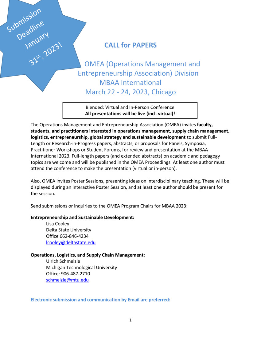 Call for papers MBAA International